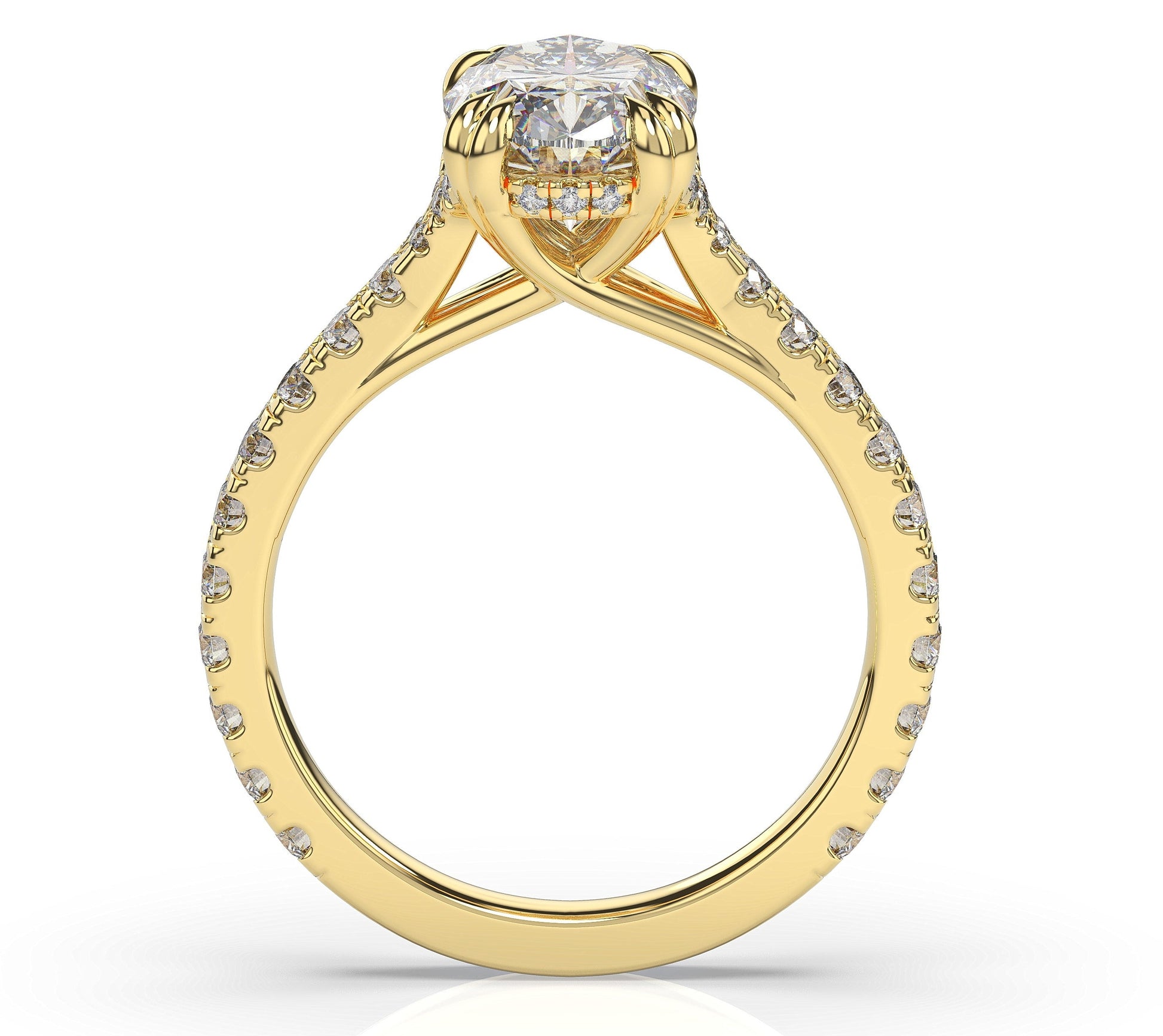 Oval Yellow Gold Claw Set Hidden Halo Style Engagement Ring