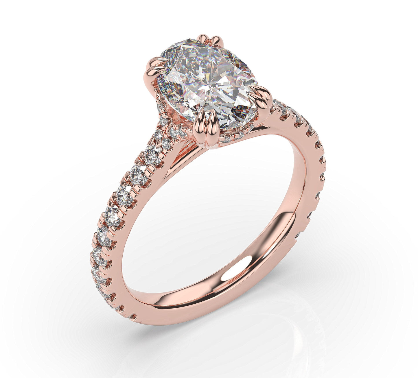 Oval Rose Gold Claw Set Hidden Halo Style Engagement Ring