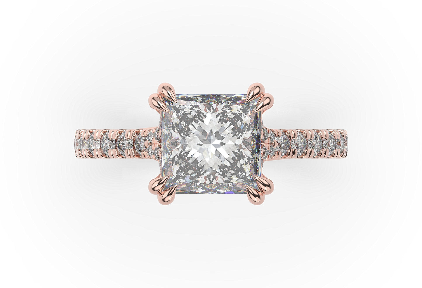 Princess Rose Gold Claw Set Hidden Halo Style Engagement Ring