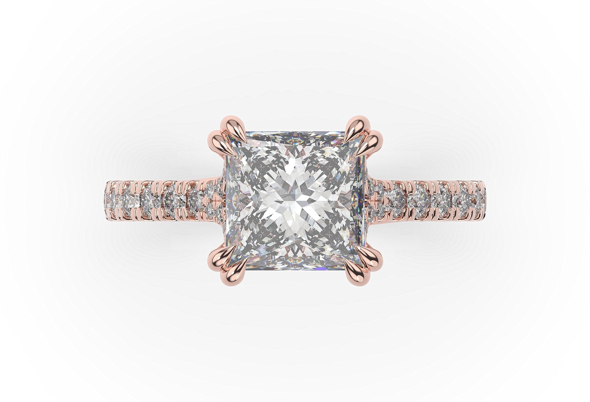 Princess Rose Gold Claw Set Hidden Halo Style Engagement Ring