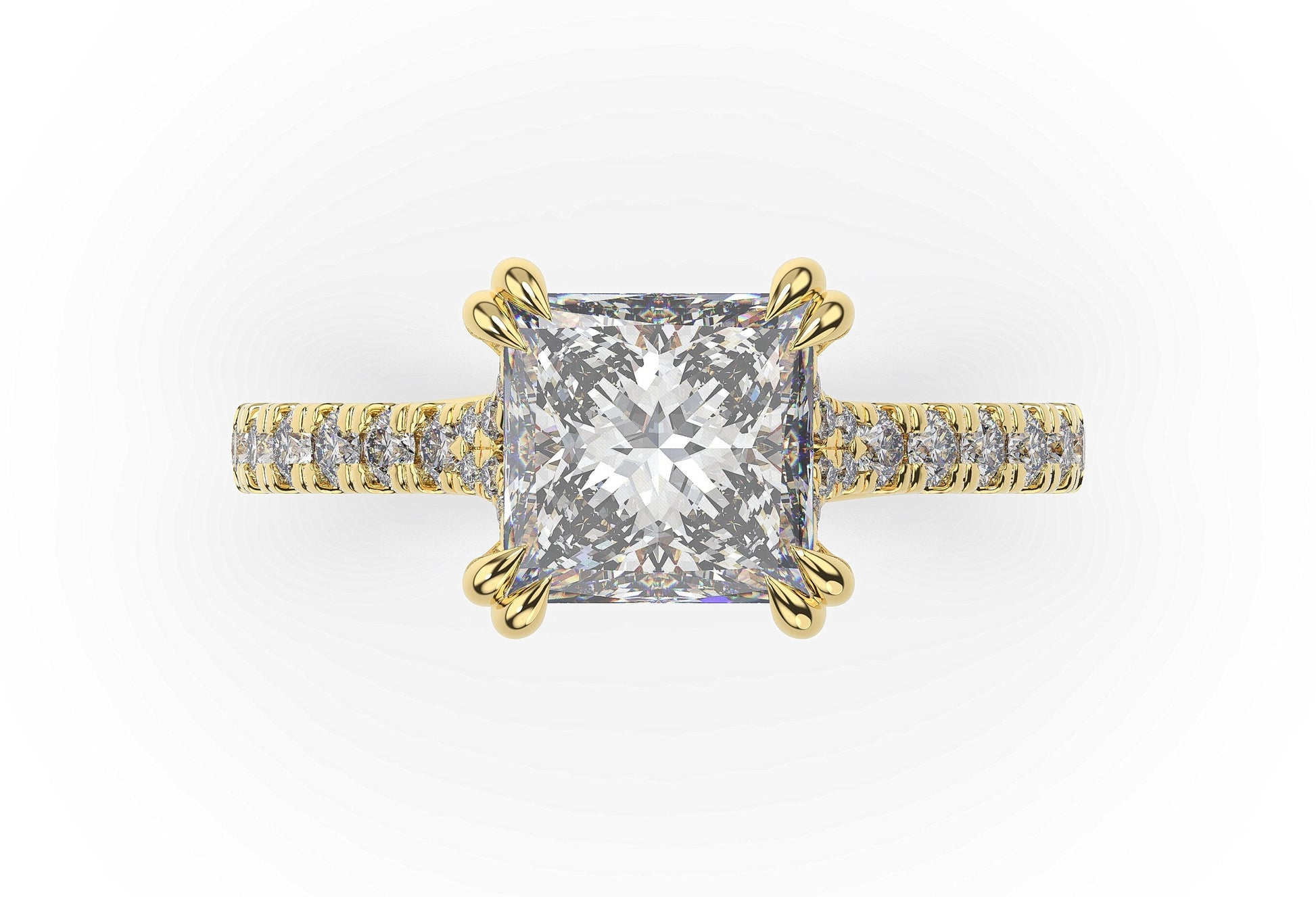 Princess Yellow Gold Claw Set Hidden Halo Style Engagement Ring