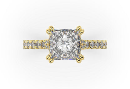 Princess Yellow Gold Claw Set Hidden Halo Style Engagement Ring