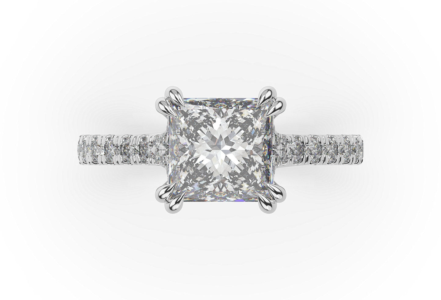 Princess White Gold Claw Set Hidden Halo Style Engagement Ring