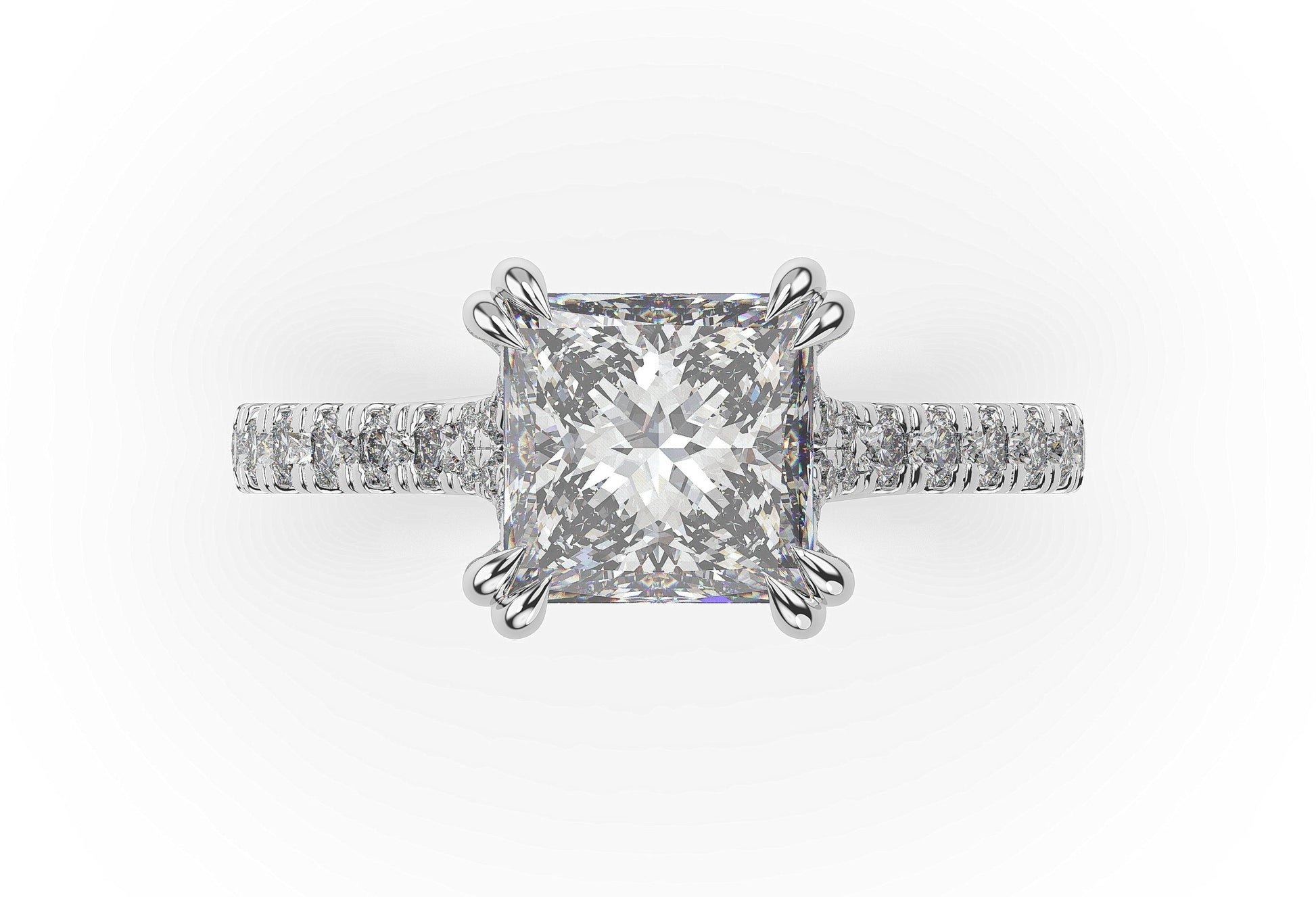 Princess White Gold Claw Set Hidden Halo Style Engagement Ring