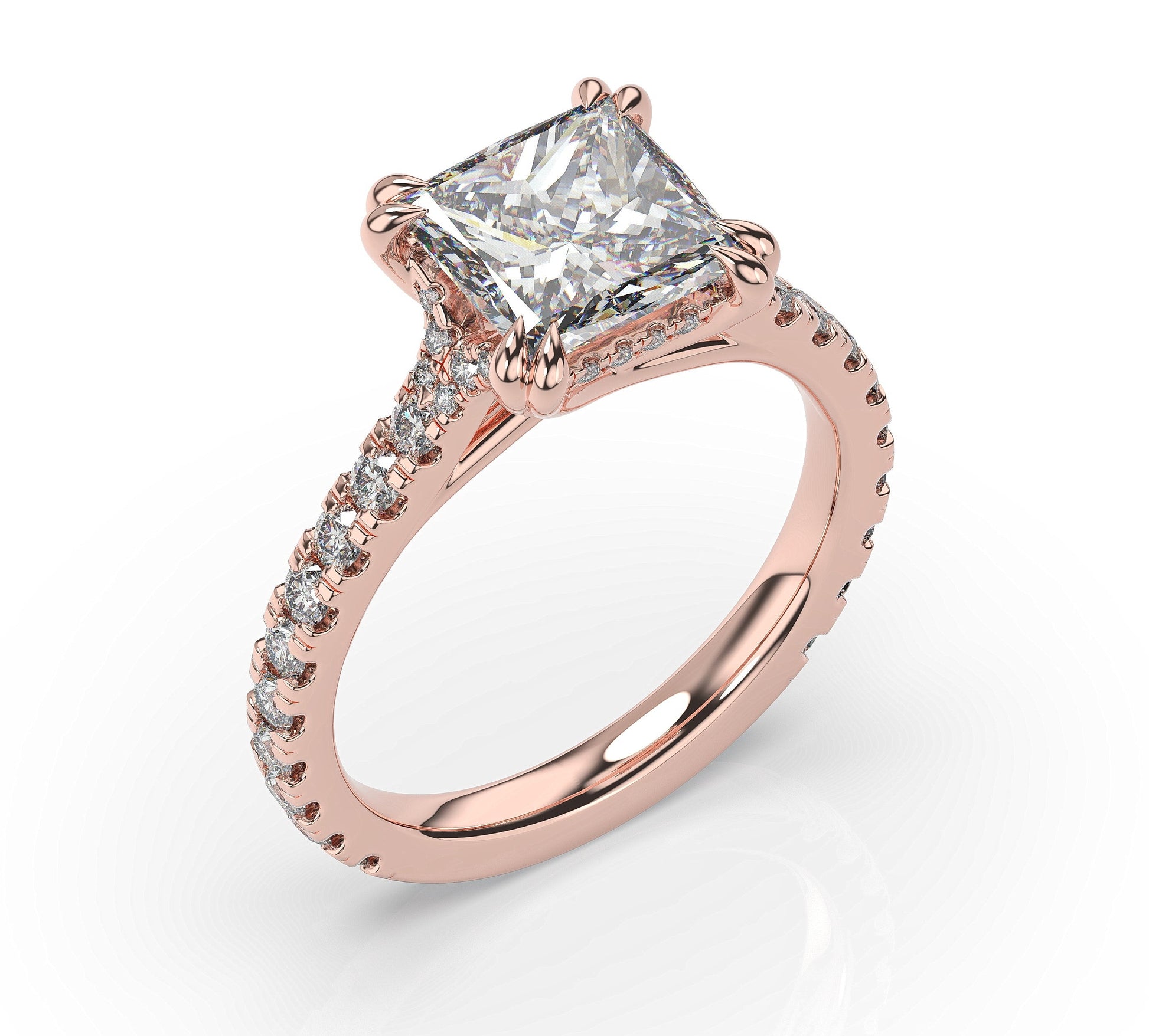 Princess Rose Gold Claw Set Hidden Halo Style Engagement Ring