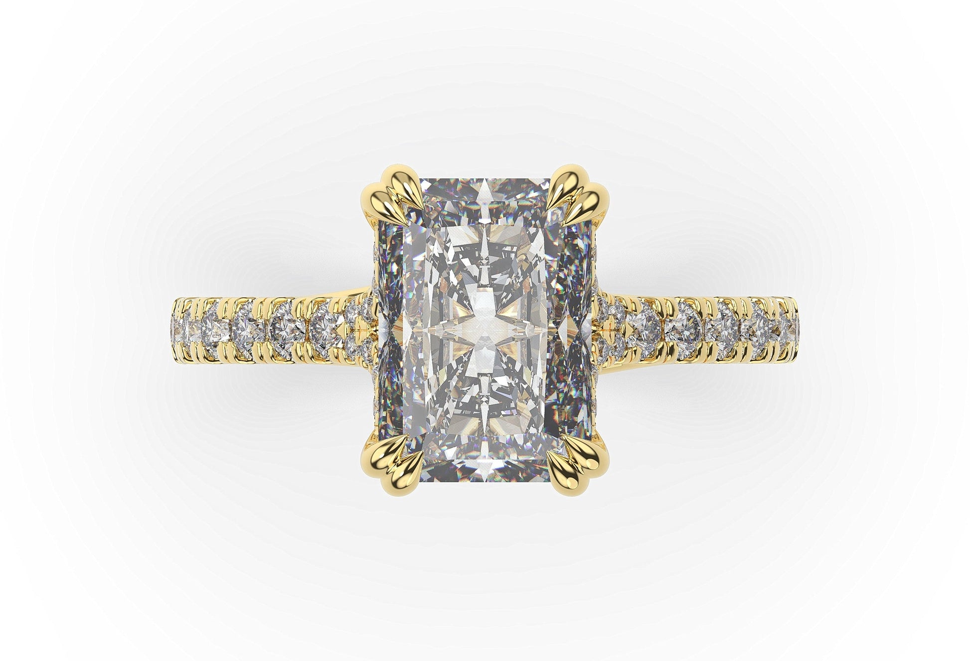 Radiant Yellow Gold Claw Set Hidden Halo Style Engagement Ring