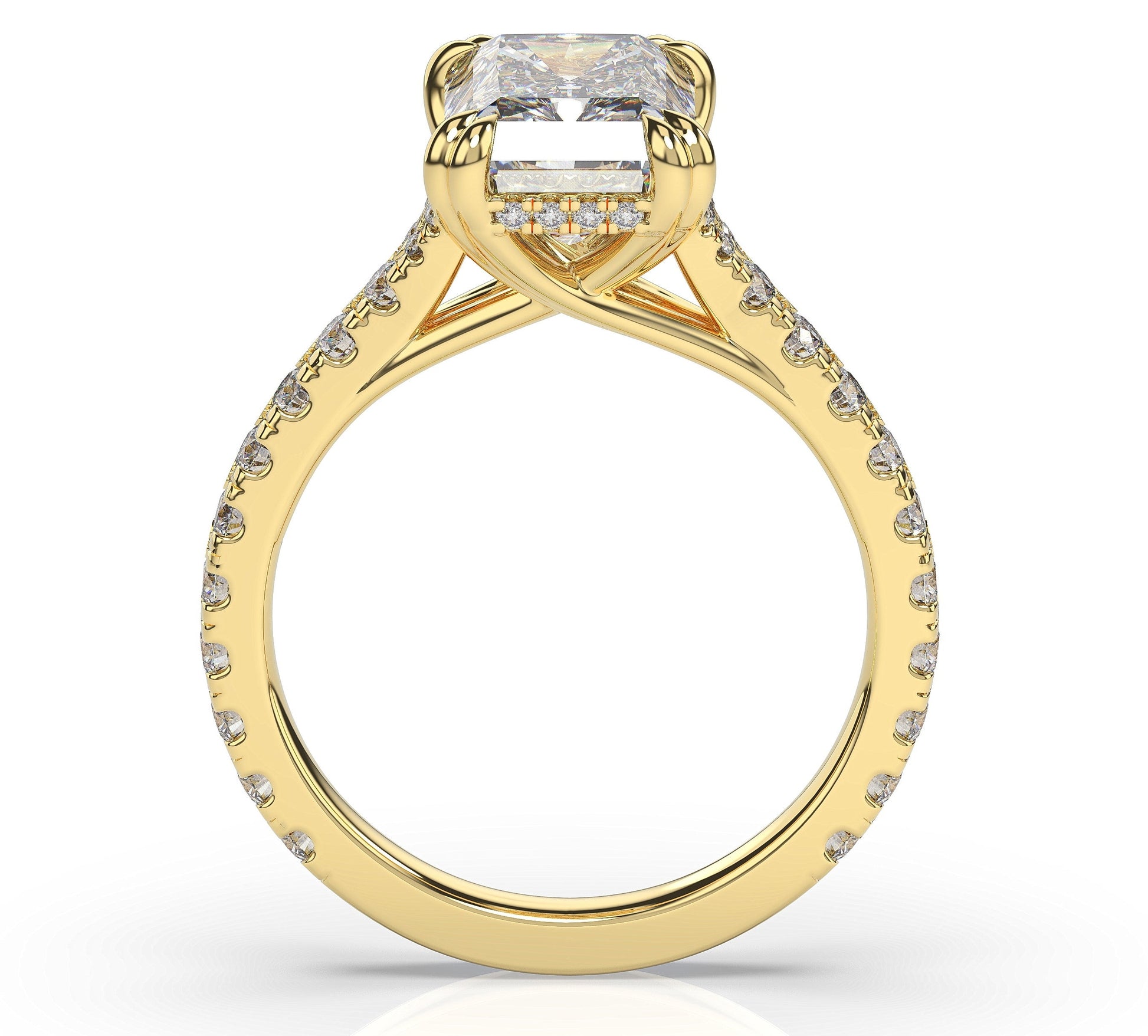Radiant Yellow Gold Claw Set Hidden Halo Style Engagement Ring