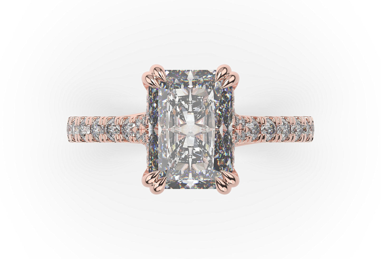 Radiant Rose Gold Claw Set Hidden Halo Style Engagement Ring