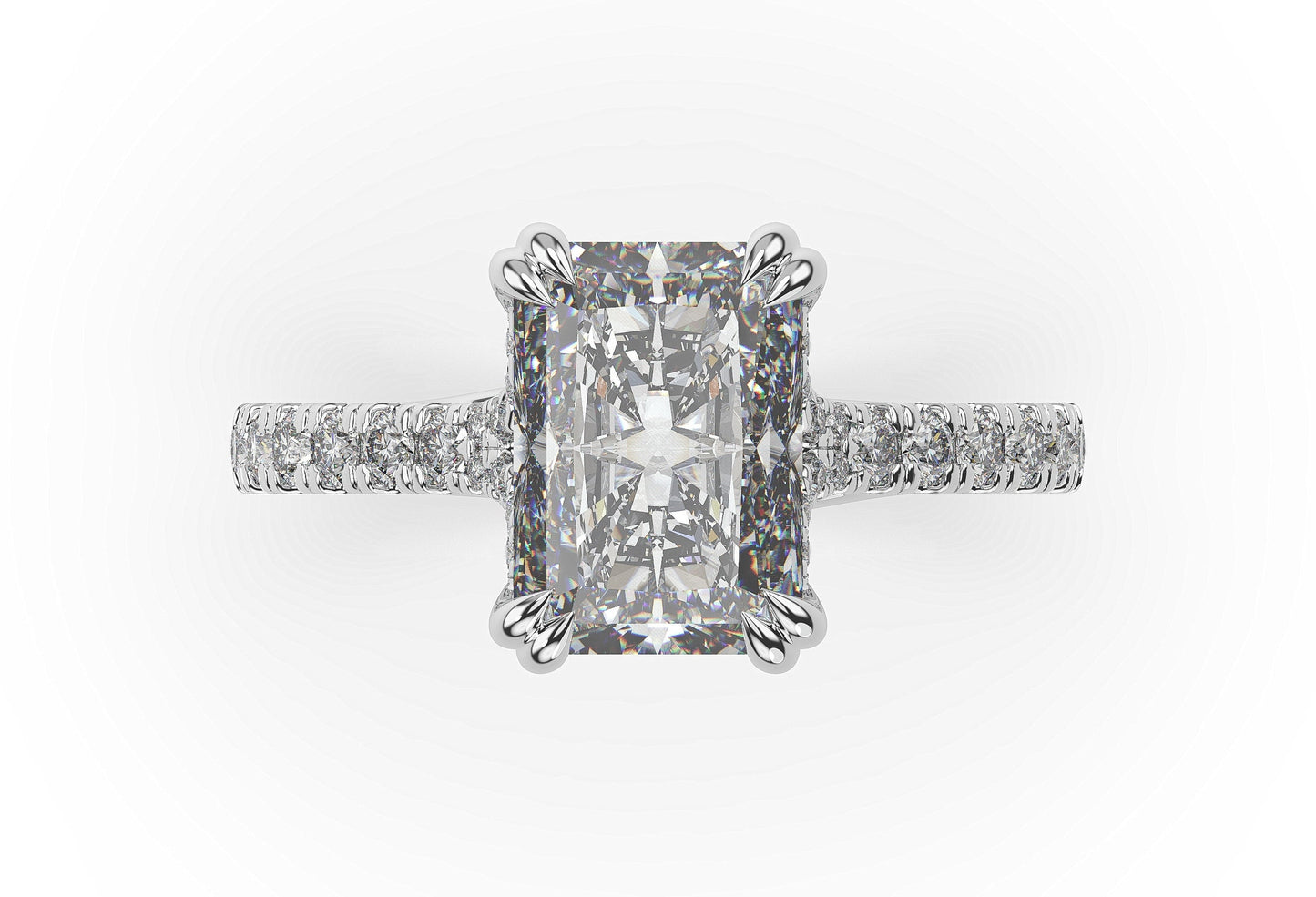 Radiant White Gold Claw Set Hidden Halo Style Engagement Ring