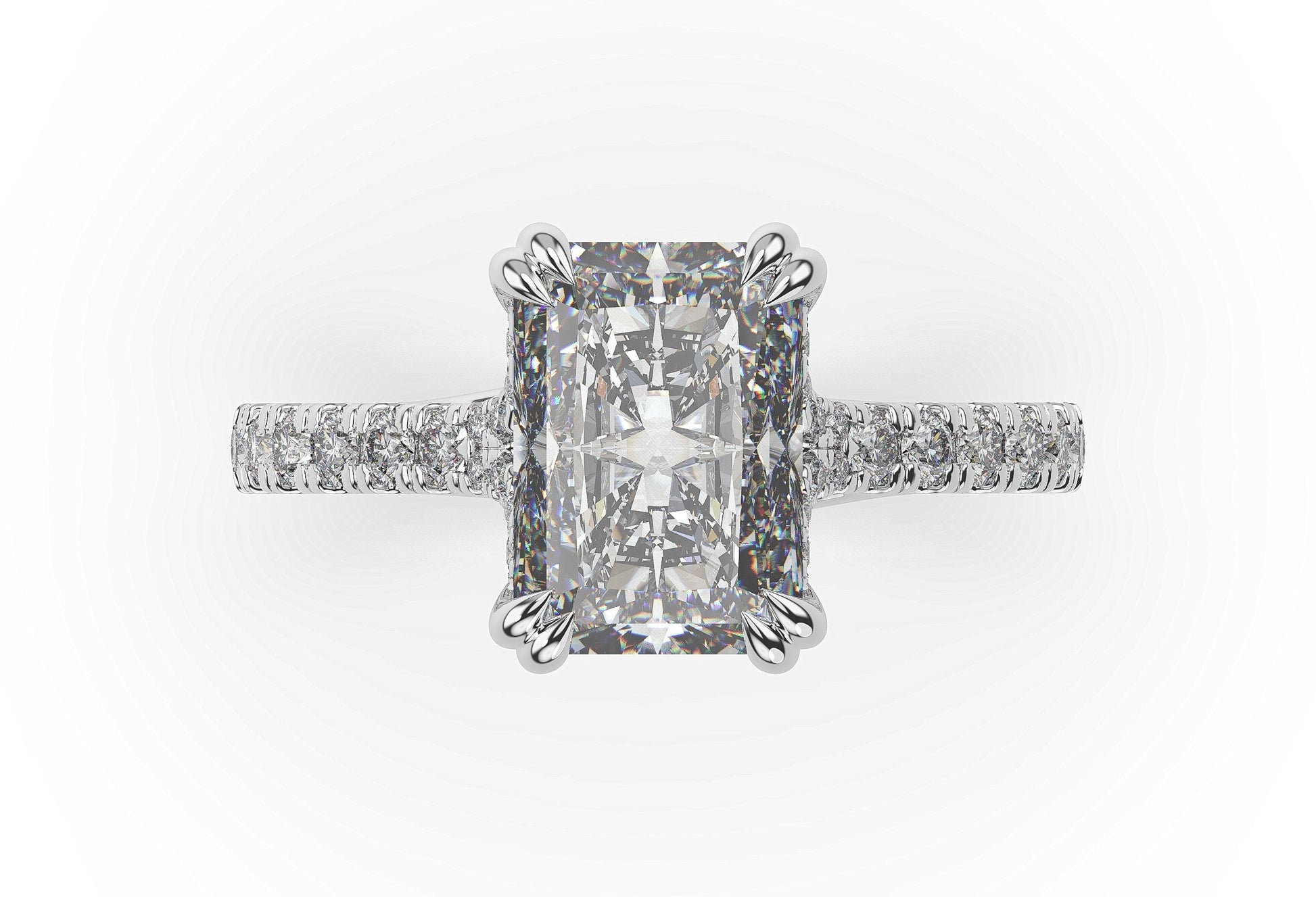 Radiant White Gold Claw Set Hidden Halo Style Engagement Ring