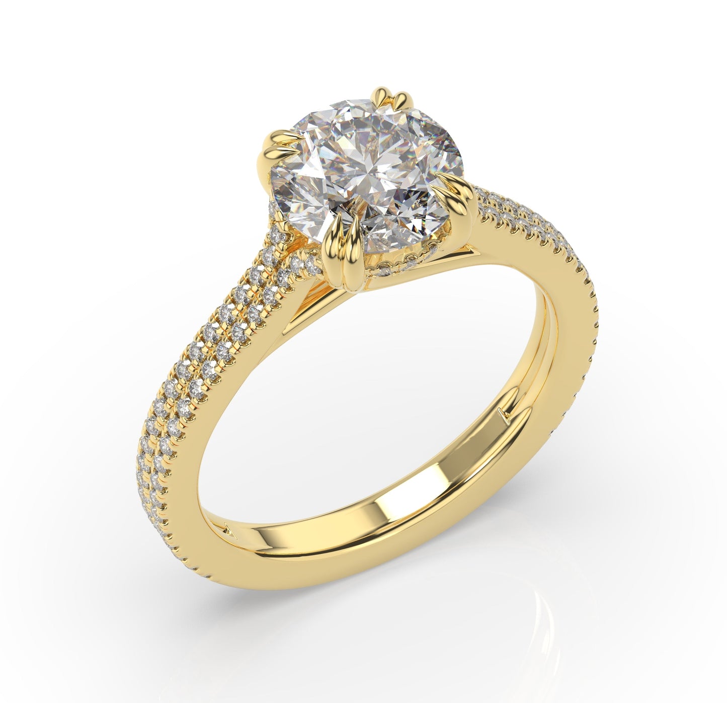 Round Brilliant Yellow Gold Double Pave Hidden Halo Style Engagement Ring