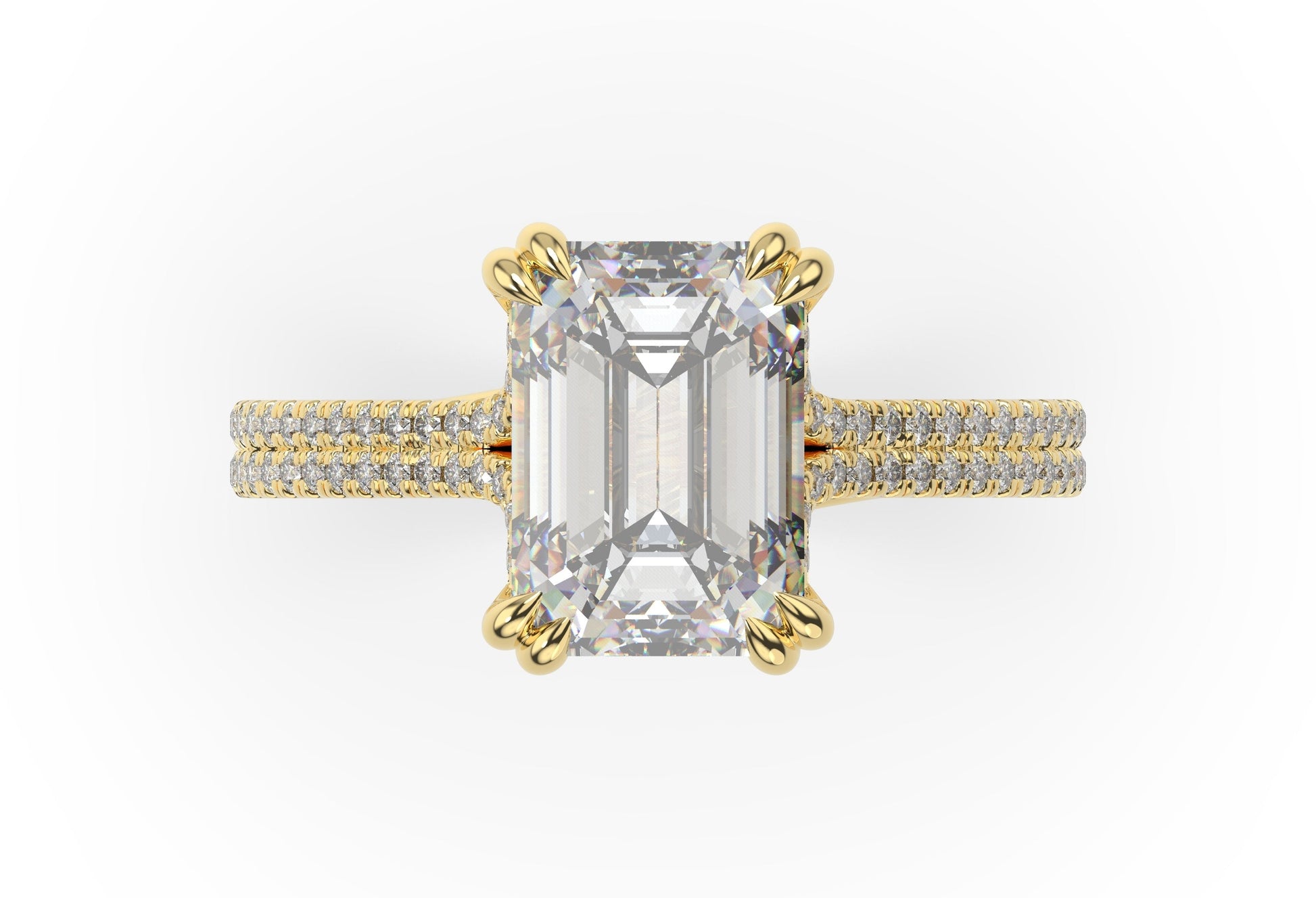 Emerald Yellow Gold Double Pave Hidden Halo Style Engagement Ring 