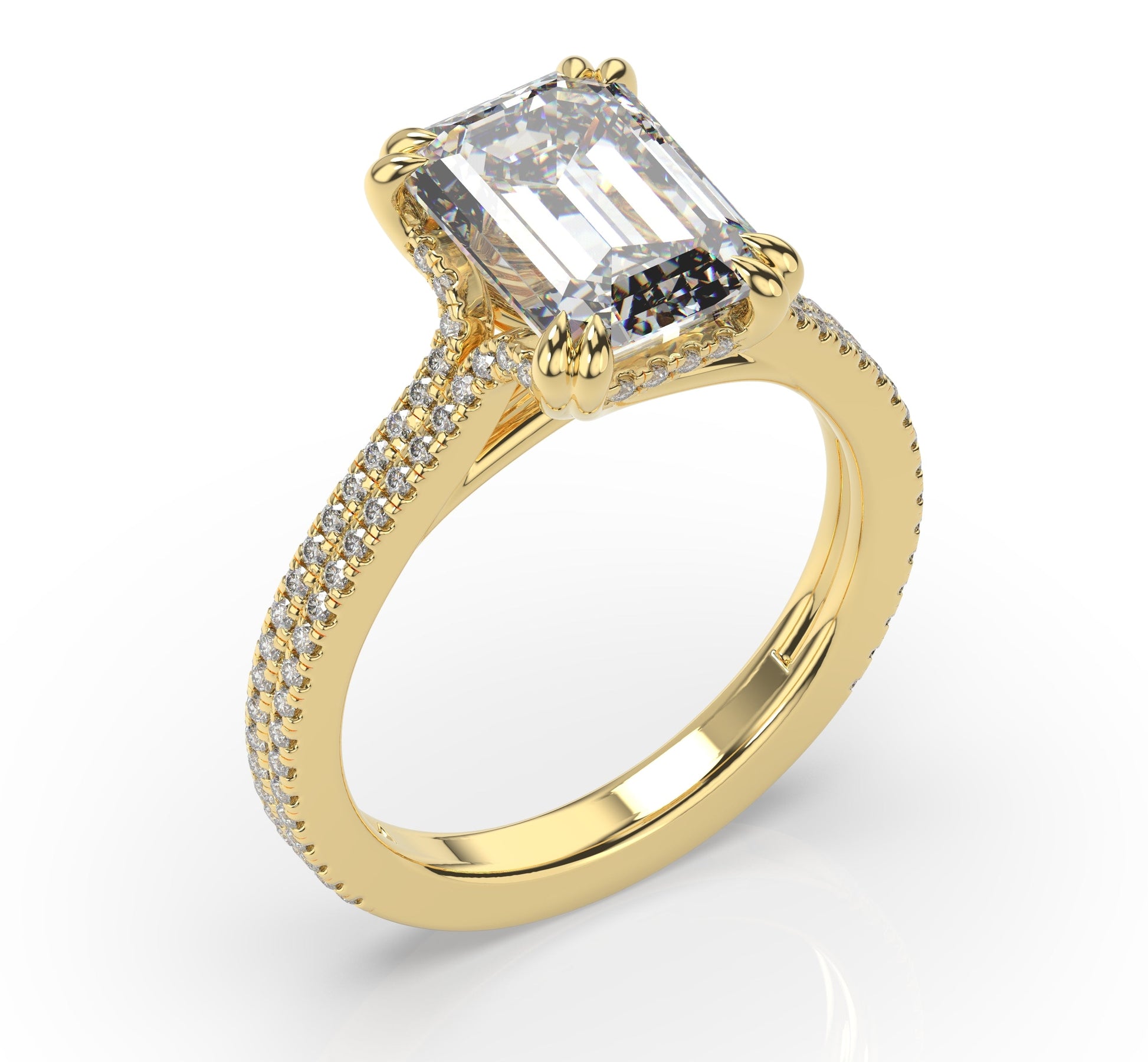 Emerald Yellow Gold Double Pave Hidden Halo Style Engagement Ring 