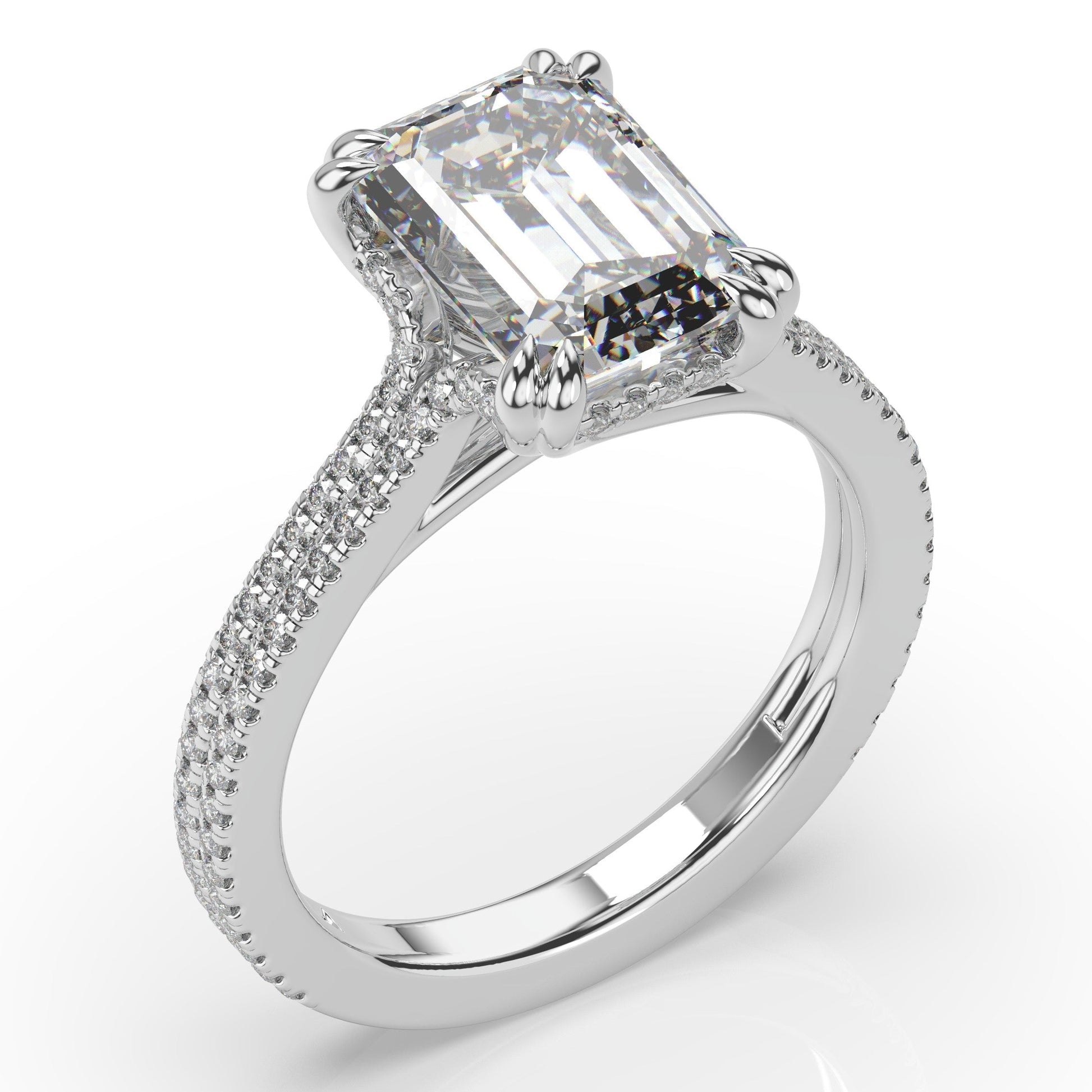 Emerald White Gold Double Pave Hidden Halo Style Engagement Ring 