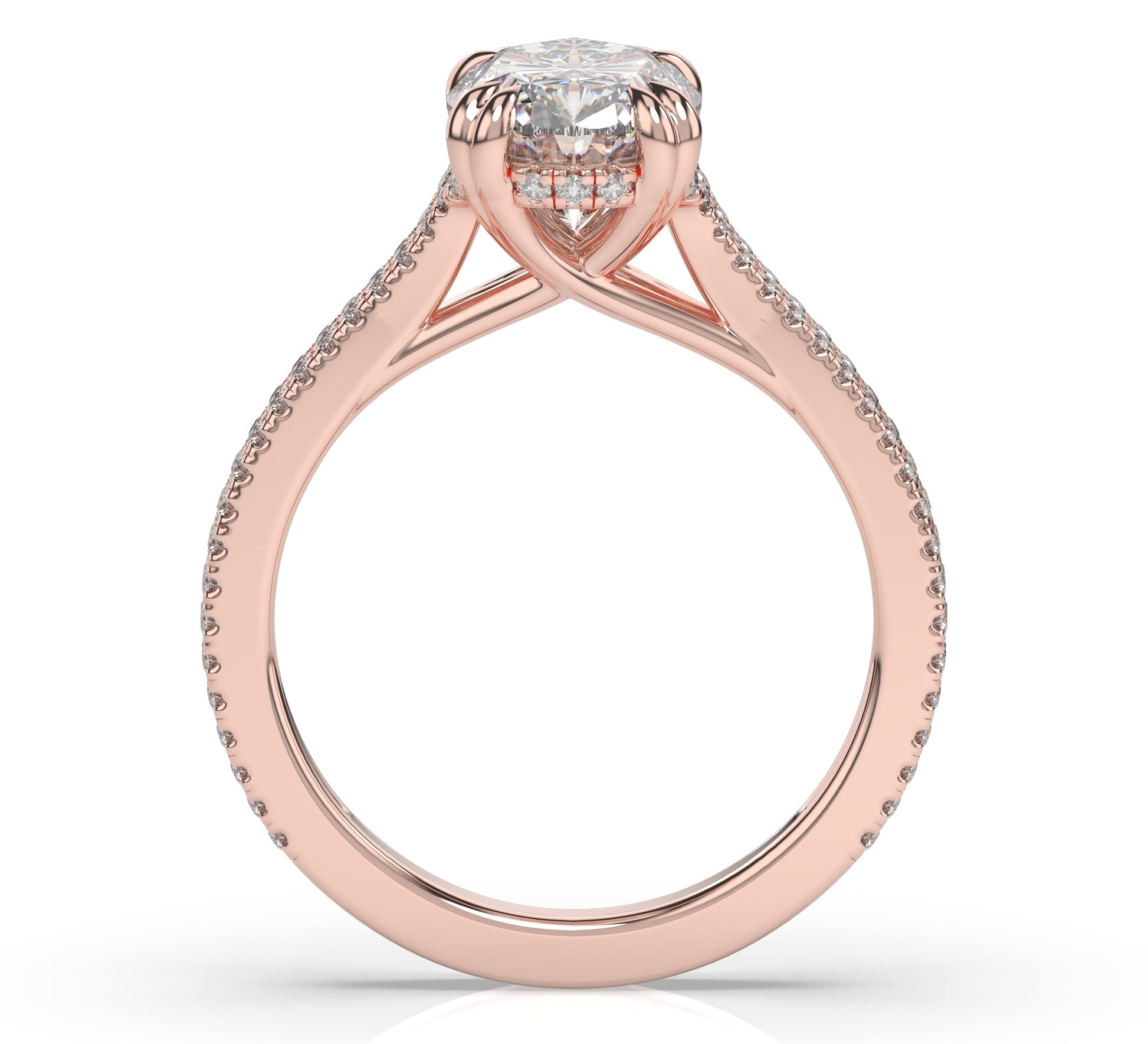 Oval Rose Gold Double Pave Hidden Halo Style Engagement Ring 