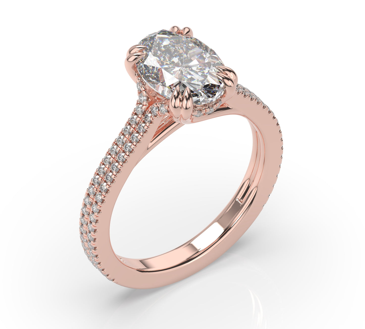 Oval Rose Gold Double Pave Hidden Halo Style Engagement Ring 