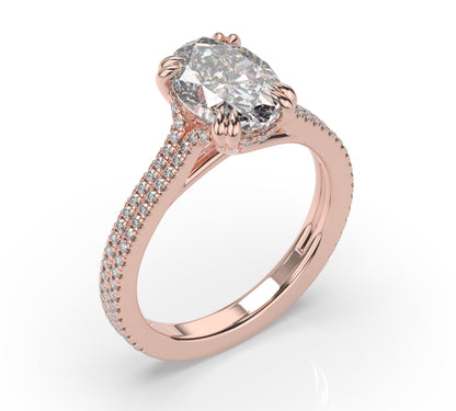 Oval Rose Gold Double Pave Hidden Halo Style Engagement Ring 
