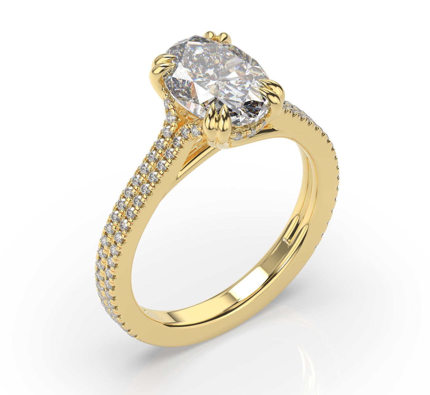 Oval Yellow Gold Double Pave Hidden Halo Style Engagement Ring 