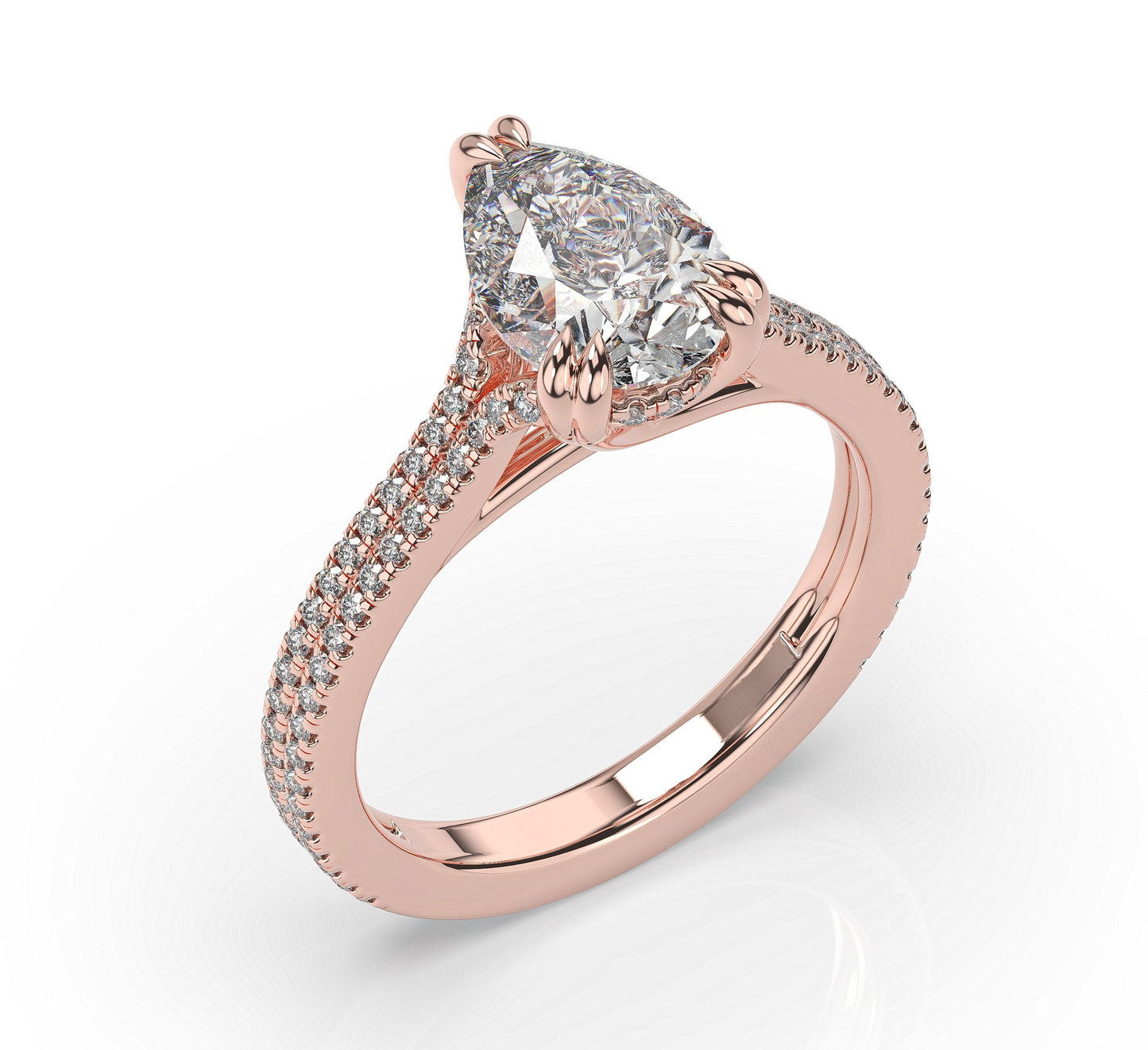 Pear Rose Gold Double Pave Hidden Halo Style Engagement Ring 
