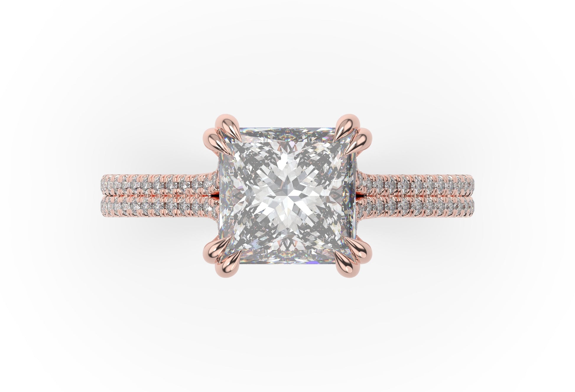 Princess Rose Gold Double Pave Hidden Halo Style Engagement Ring 