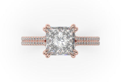 Princess Rose Gold Double Pave Hidden Halo Style Engagement Ring 