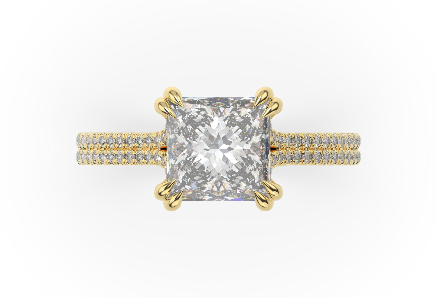 Princess Yellow Gold Double Pave Hidden Halo Style Engagement Ring 