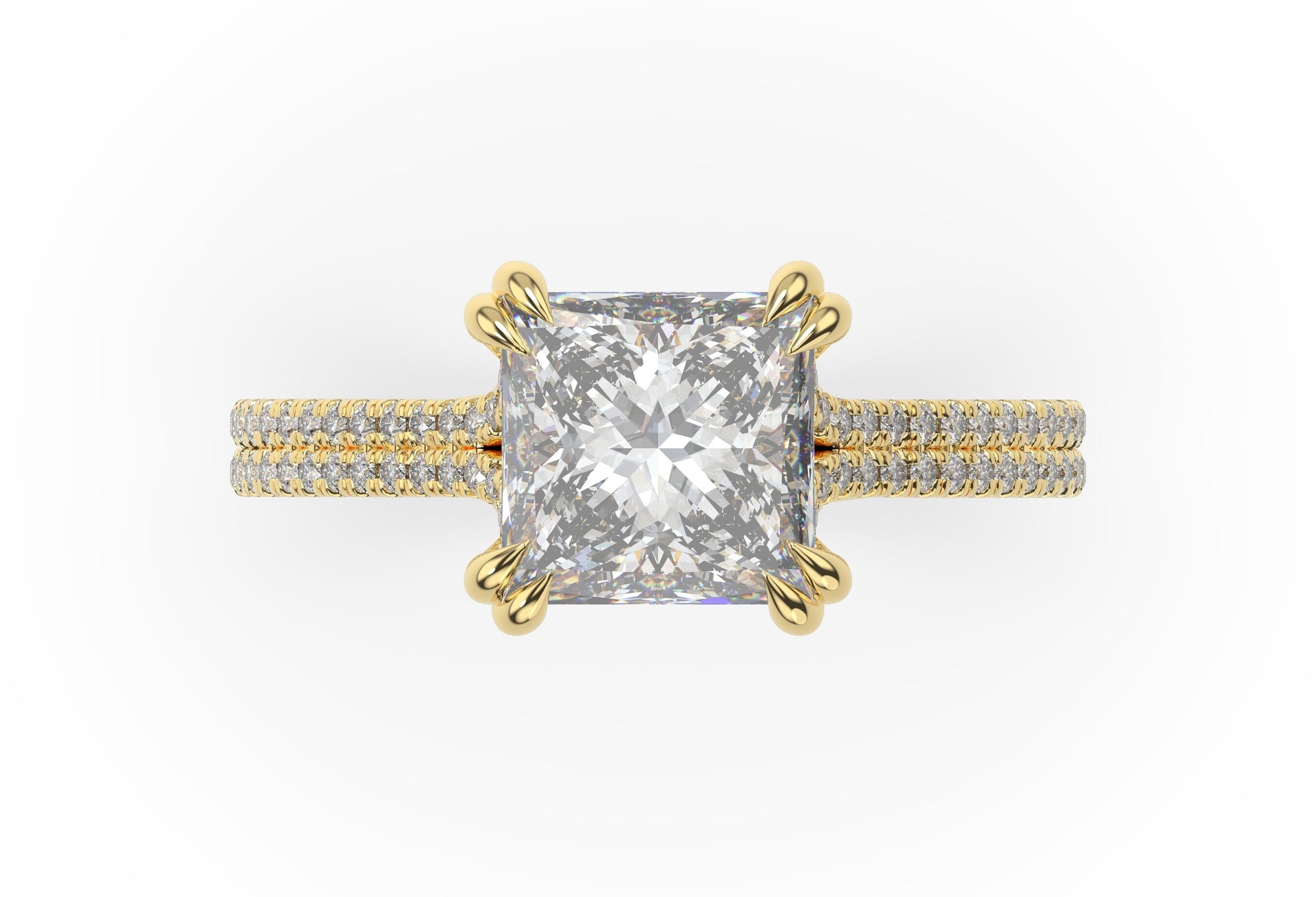 Princess Yellow Gold Double Pave Hidden Halo Style Engagement Ring 