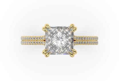 Princess Yellow Gold Double Pave Hidden Halo Style Engagement Ring 