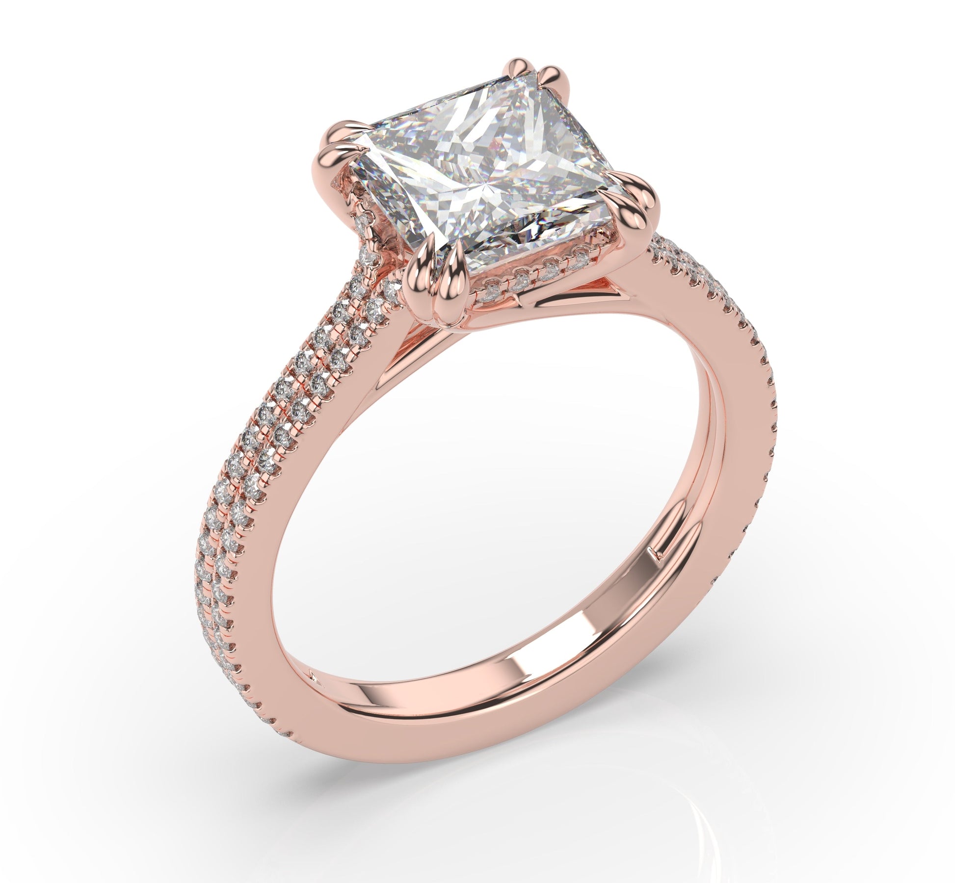 Princess Rose Gold Double Pave Hidden Halo Style Engagement Ring 
