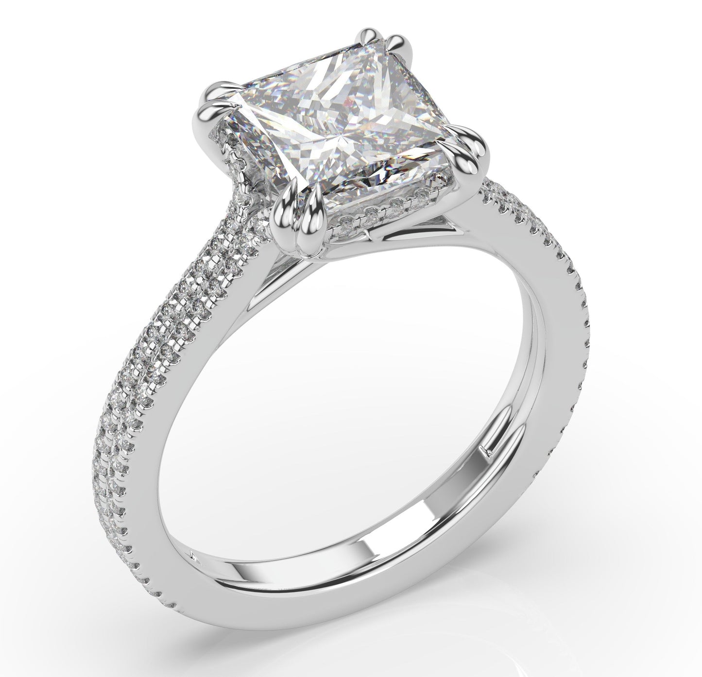 Princess White Gold Double Pave Hidden Halo Style Engagement Ring 