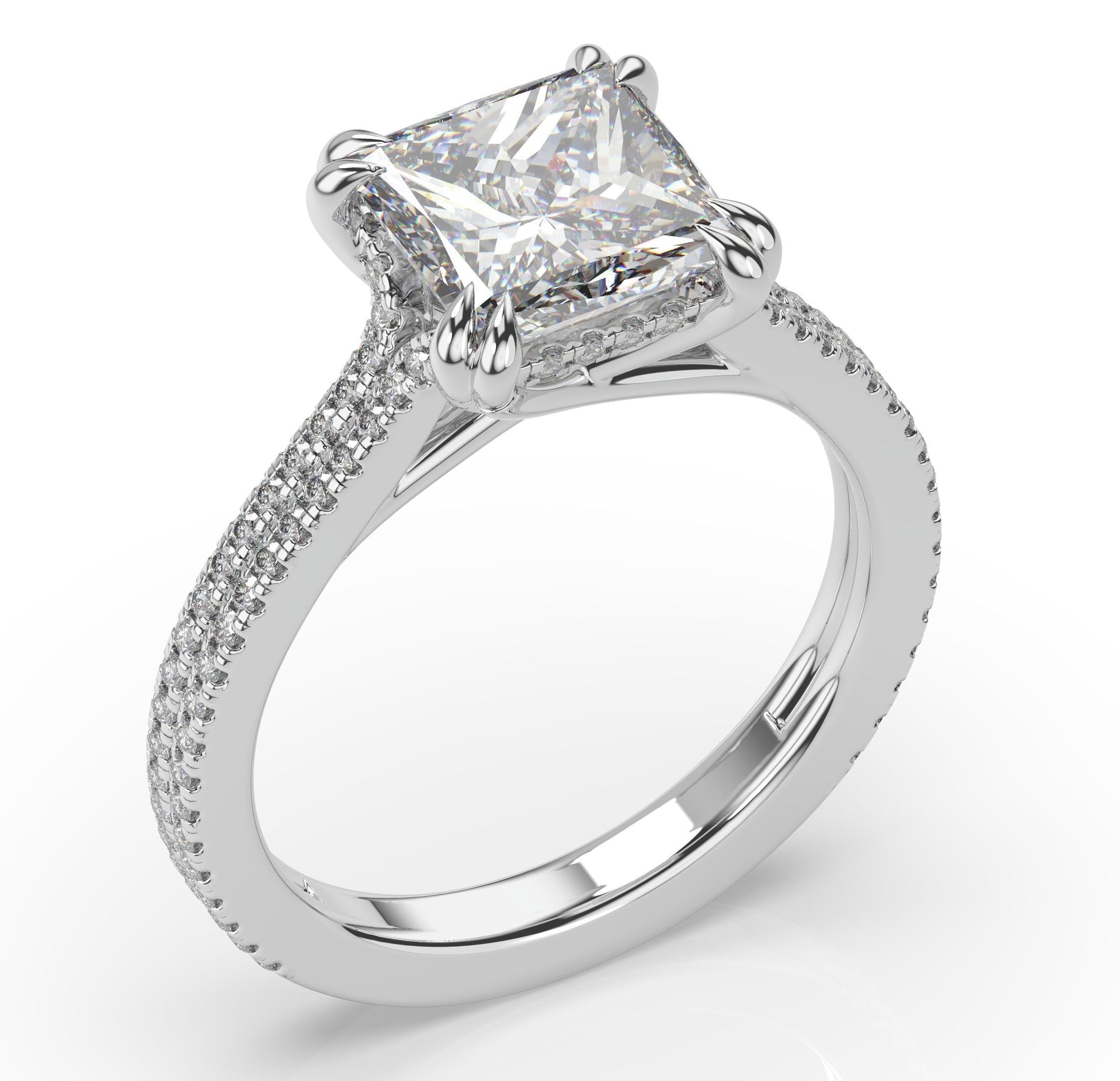 Princess White Gold Double Pave Hidden Halo Style Engagement Ring 