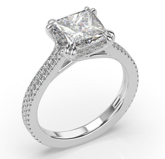 Princess White Gold Double Pave Hidden Halo Style Engagement Ring 