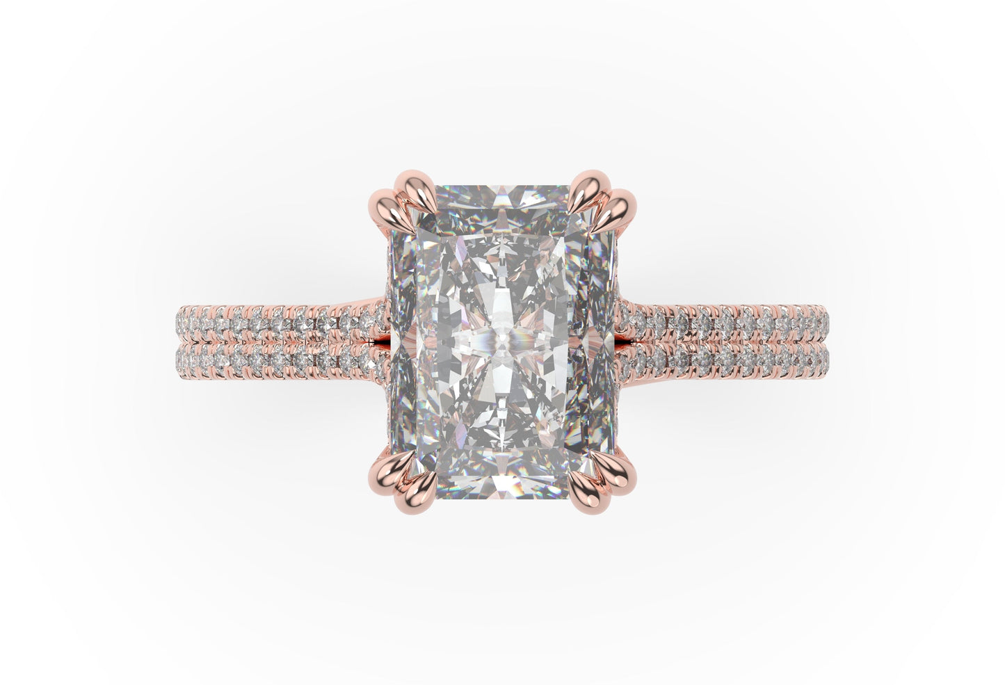 Radiant Rose Gold Double Pave Hidden Halo Style Engagement Ring