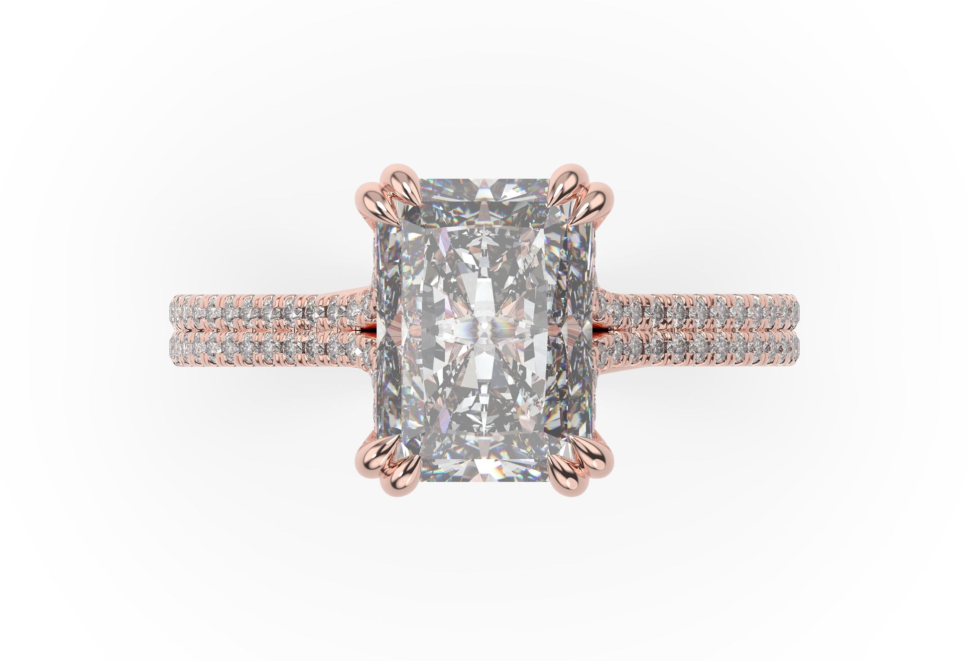 Radiant Rose Gold Double Pave Hidden Halo Style Engagement Ring