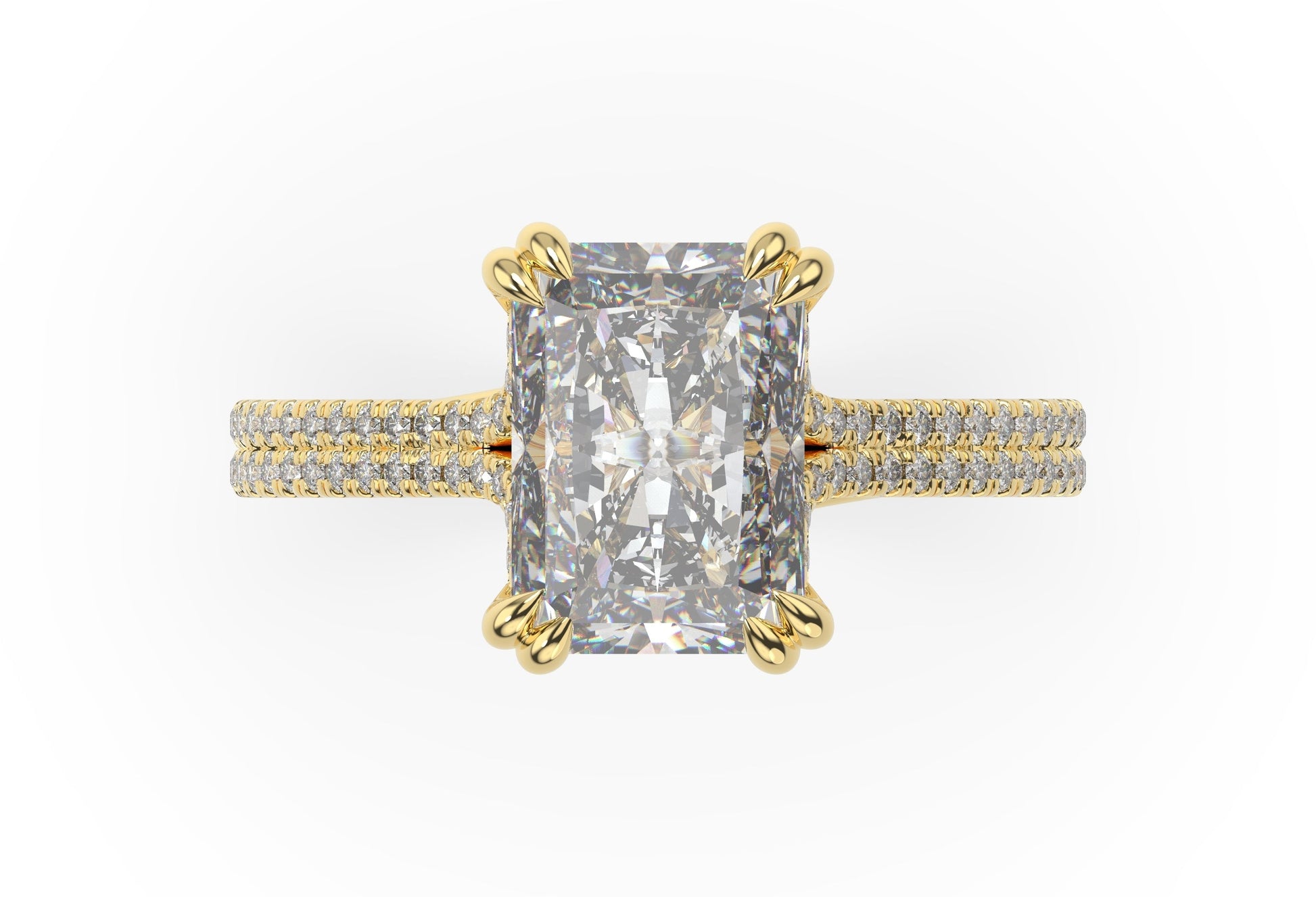Radiant Yellow Gold Double Pave Hidden Halo Style Engagement Ring