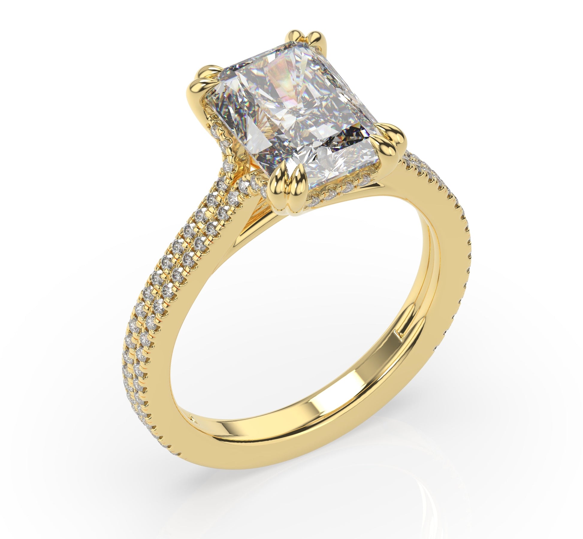 Radiant Yellow Gold Double Pave Hidden Halo Style Engagement Ring