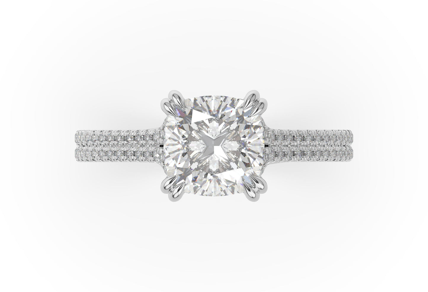 Cushion White Gold Double Pave Hidden Halo Style Engagement Ring 