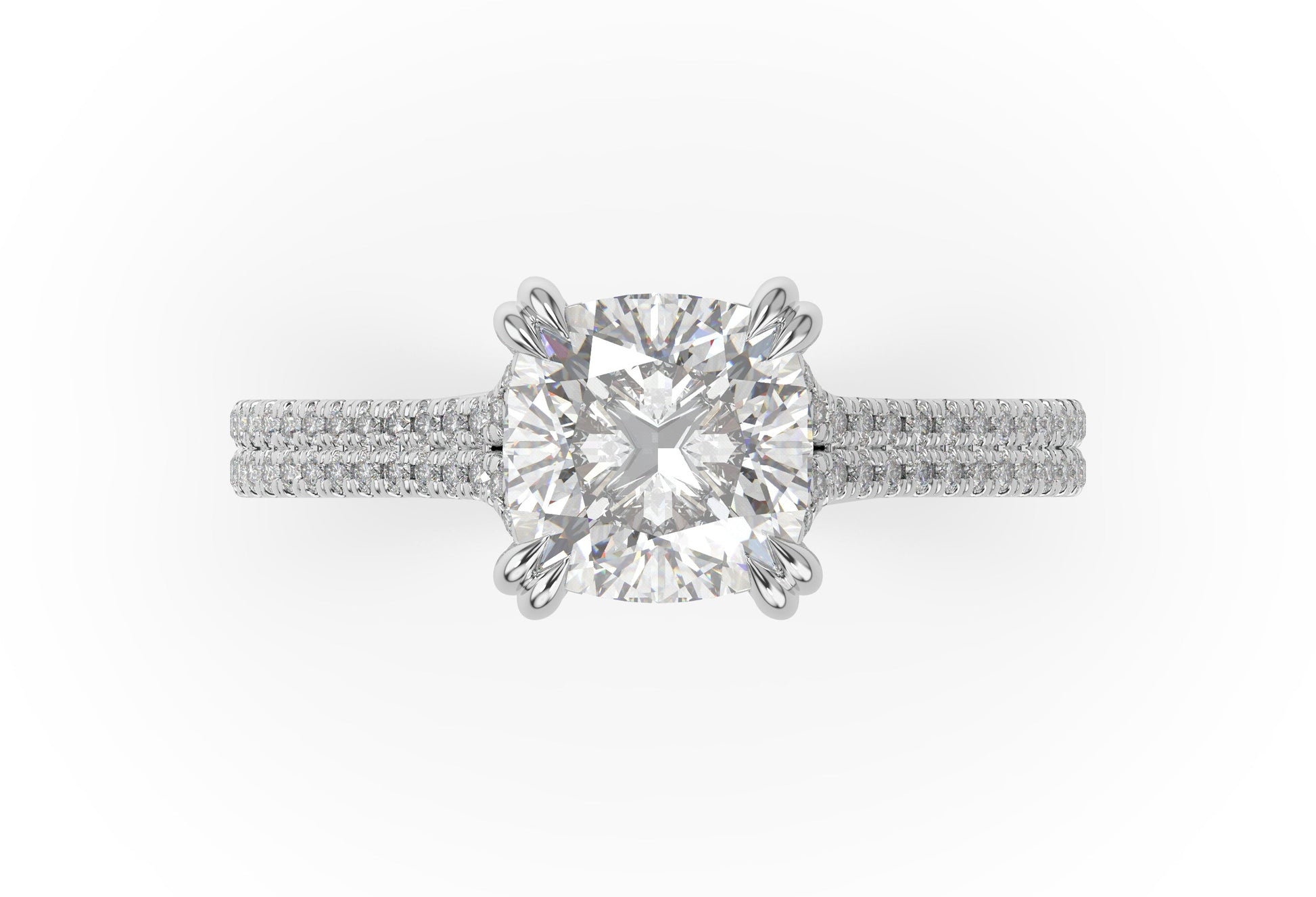 Cushion White Gold Double Pave Hidden Halo Style Engagement Ring 