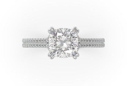 Cushion White Gold Double Pave Hidden Halo Style Engagement Ring 