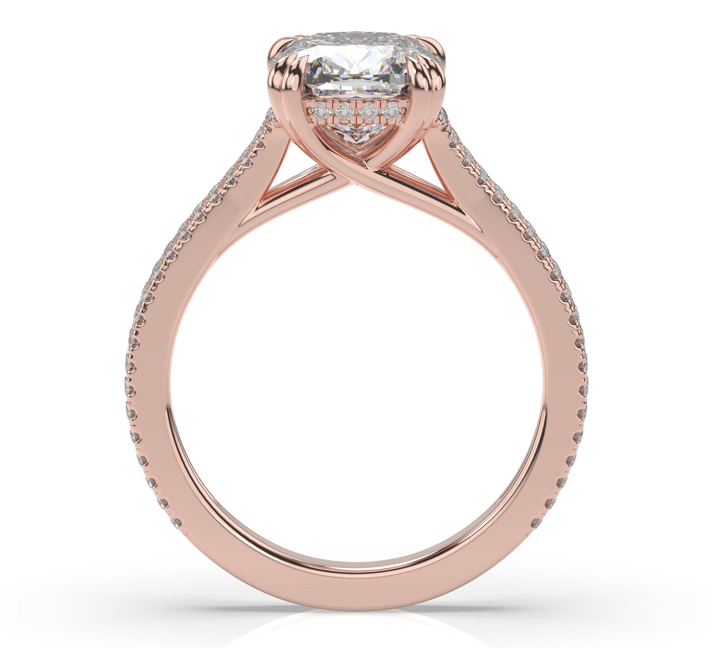 Cushion Rose Gold Double Pave Hidden Halo Style Engagement Ring 
