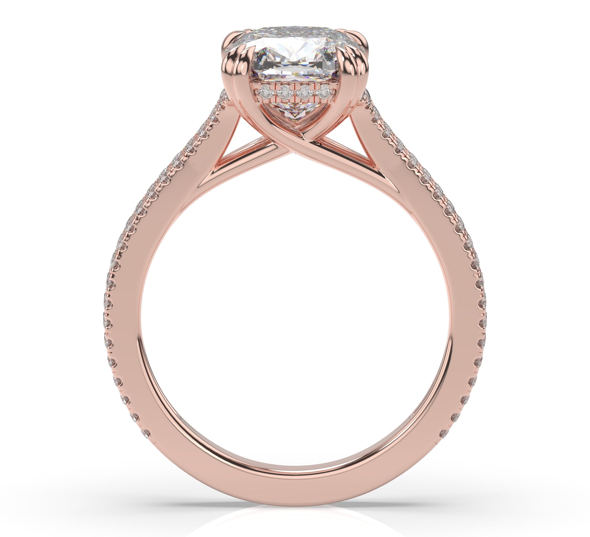 Cushion Rose Gold Double Pave Hidden Halo Style Engagement Ring 