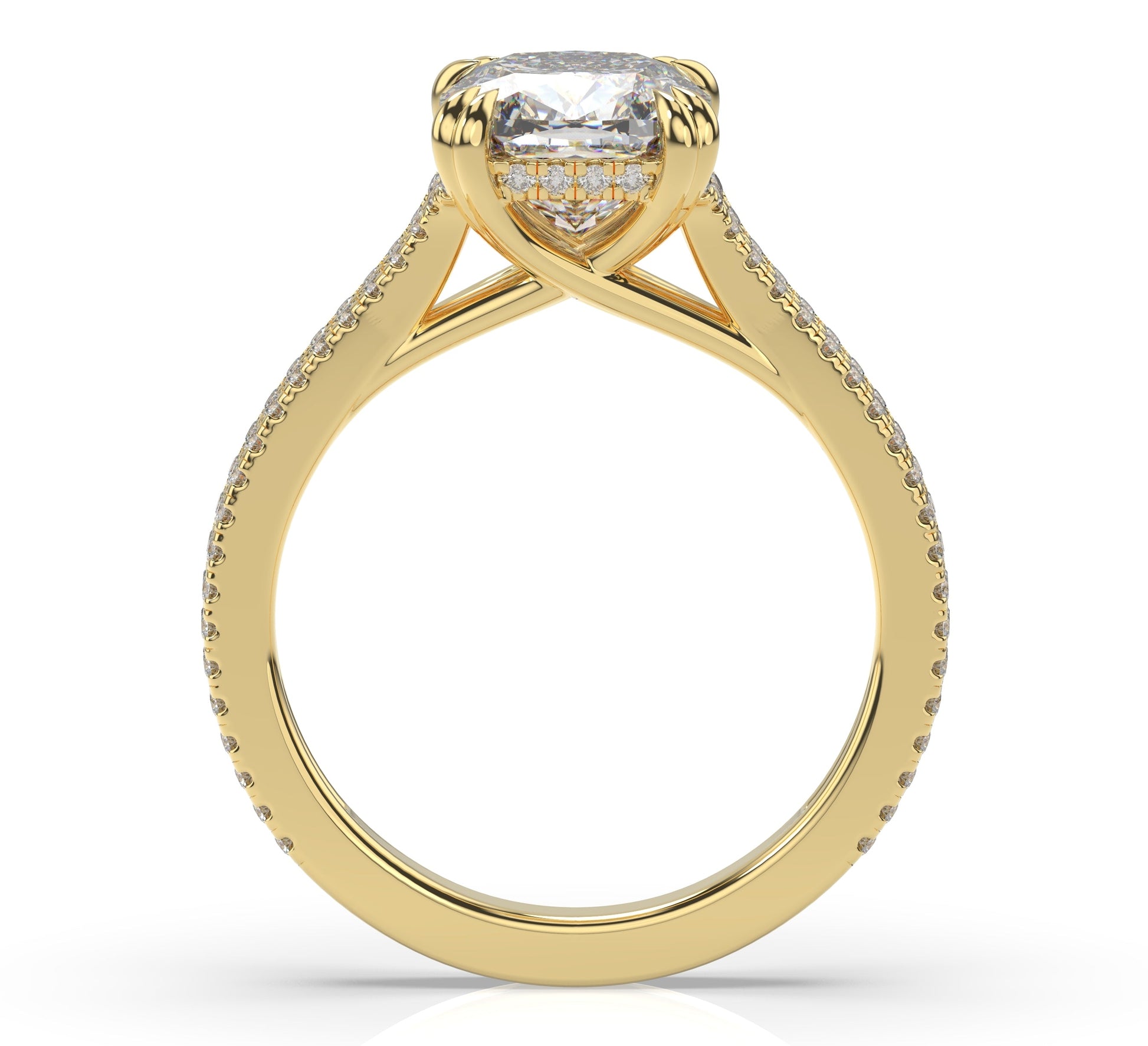 Cushion Yellow Gold Double Pave Hidden Halo Style Engagement Ring 