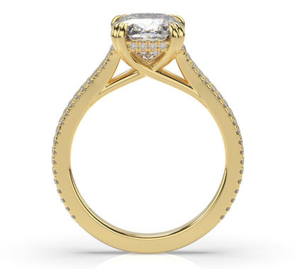 Cushion Yellow Gold Double Pave Hidden Halo Style Engagement Ring 