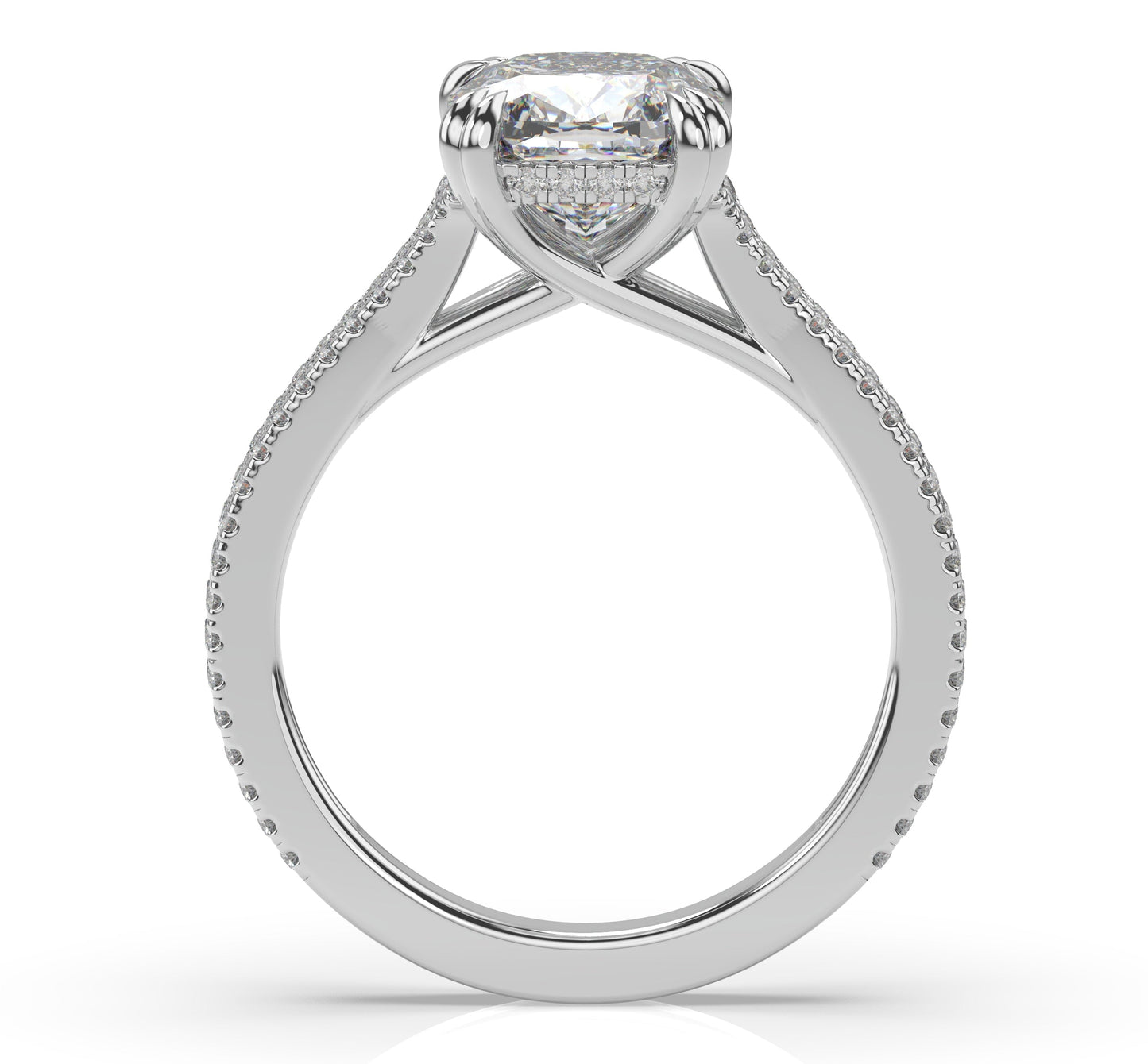 Cushion White Gold Double Pave Hidden Halo Style Engagement Ring 