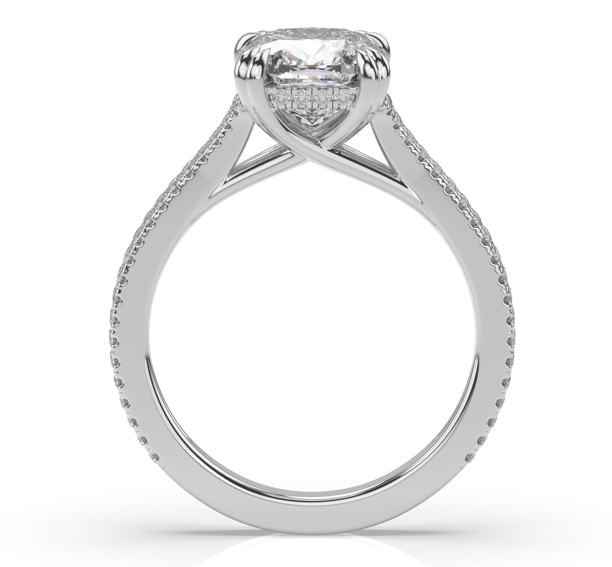 Cushion White Gold Double Pave Hidden Halo Style Engagement Ring 