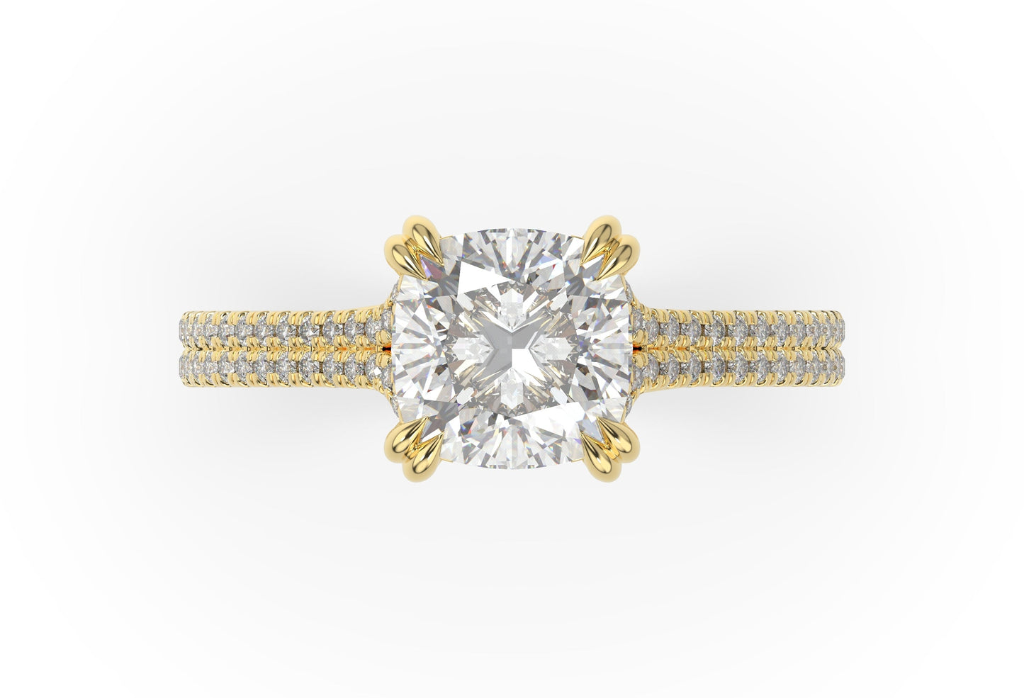 Cushion Yellow Gold Double Pave Hidden Halo Style Engagement Ring 