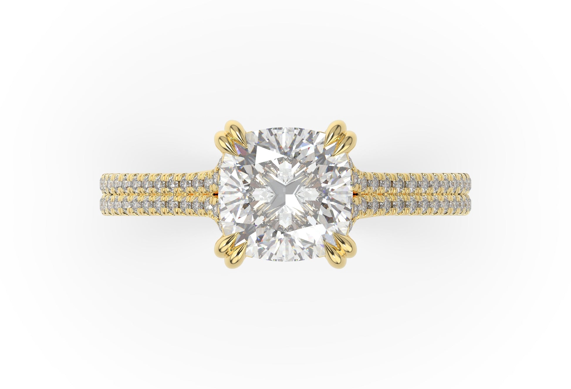 Cushion Yellow Gold Double Pave Hidden Halo Style Engagement Ring 