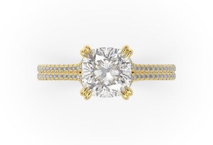 Cushion Yellow Gold Double Pave Hidden Halo Style Engagement Ring 