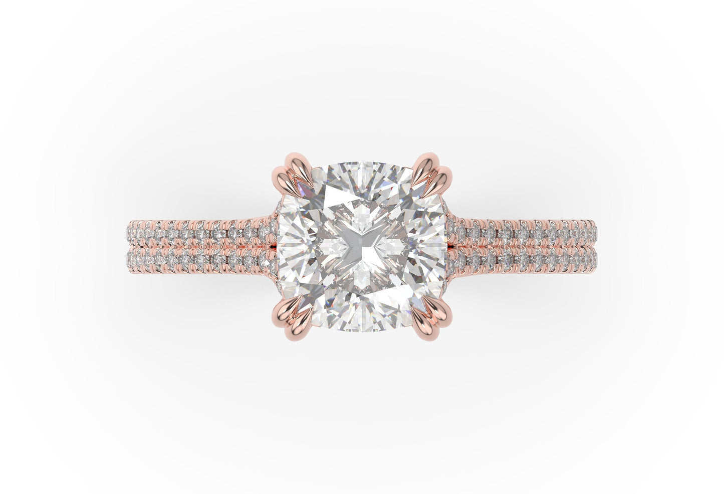 Cushion Rose Gold Double Pave Hidden Halo Style Engagement Ring 