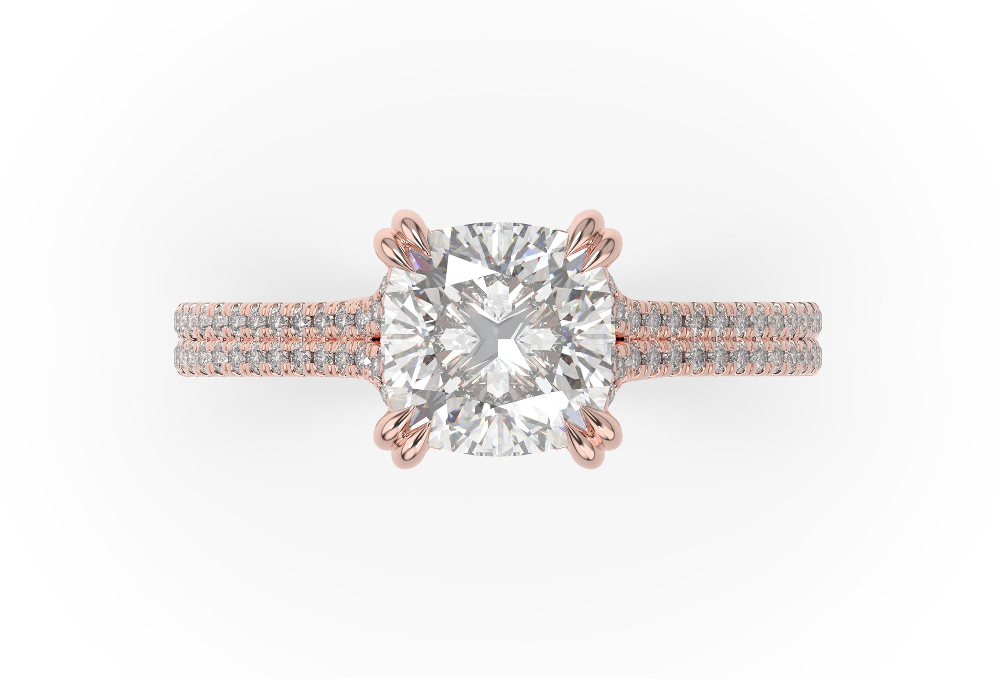 Cushion Rose Gold Double Pave Hidden Halo Style Engagement Ring 